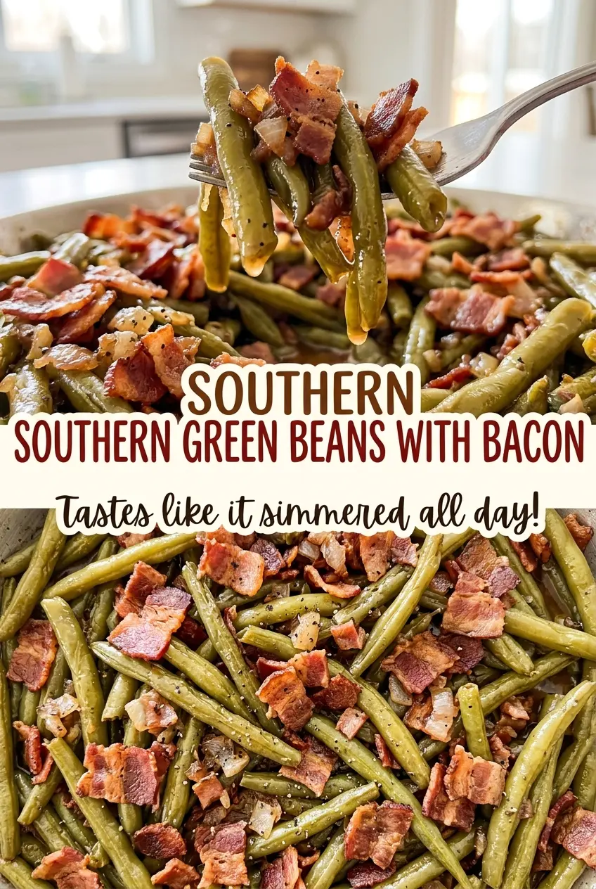 Southern green beans with bacon, tender braised beans