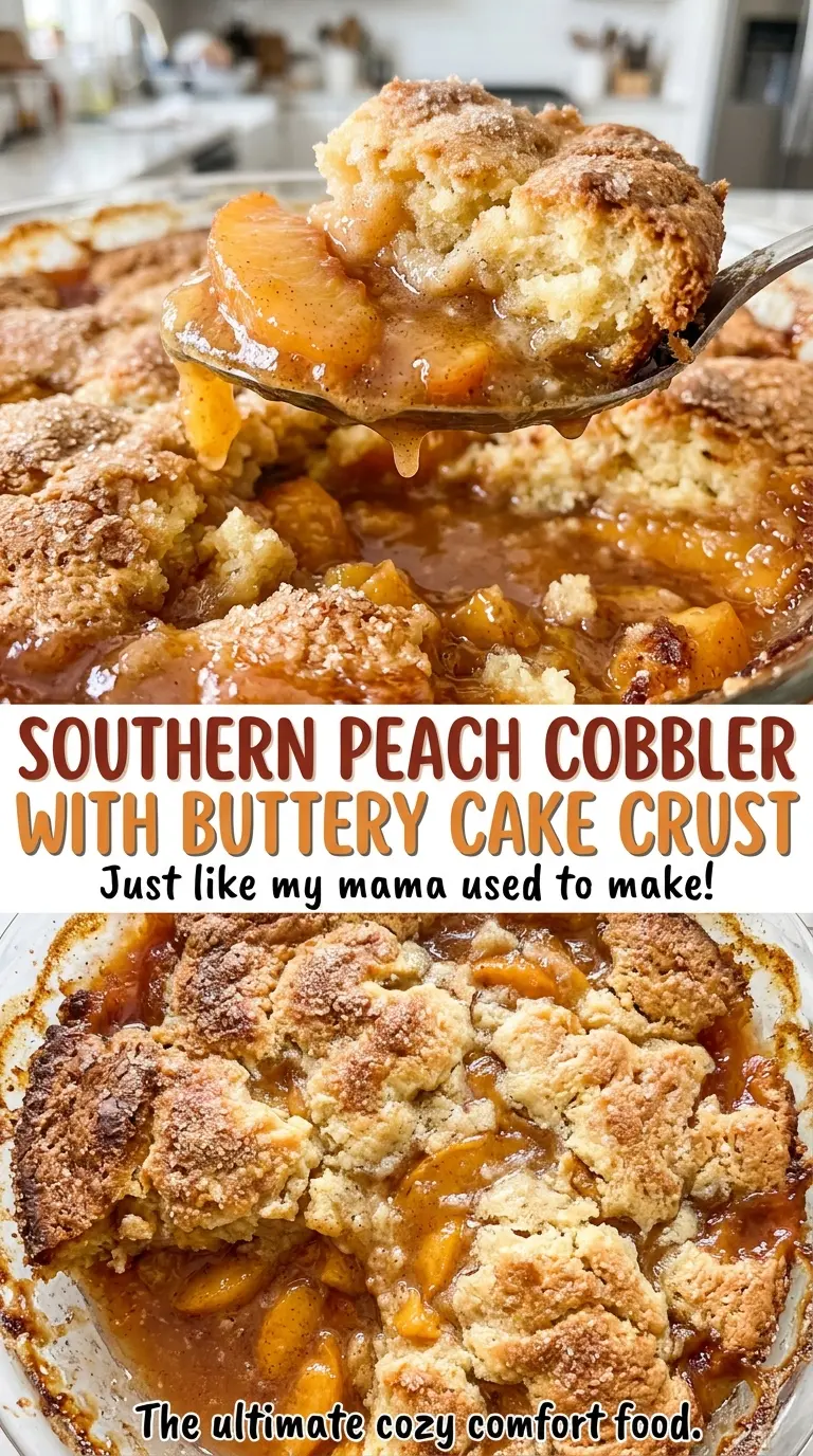 Southern peach cobbler with buttery cake crust, golden and bubbling