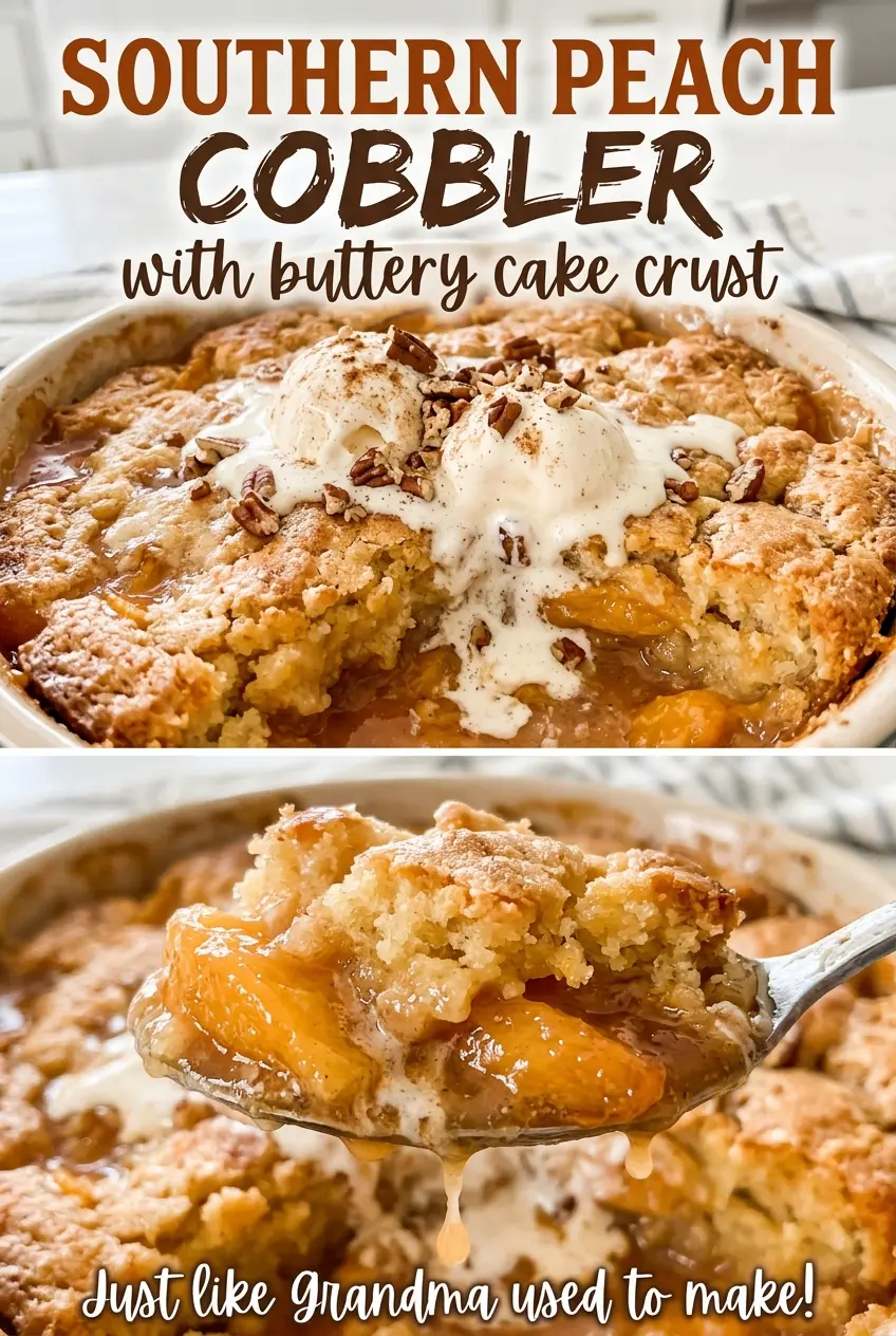 Southern peach cobbler with buttery cake crust, golden and bubbling