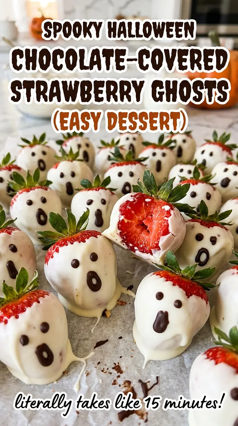 Spooky Halloween Chocolate-Covered Strawberry Ghosts, ghostly strawberry dessert