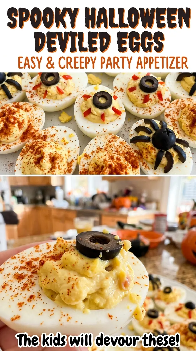 Spooky Halloween deviled eggs with olive spiders
