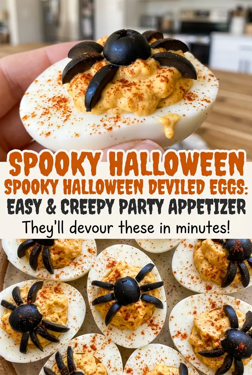 Spooky Halloween deviled eggs with olive spiders