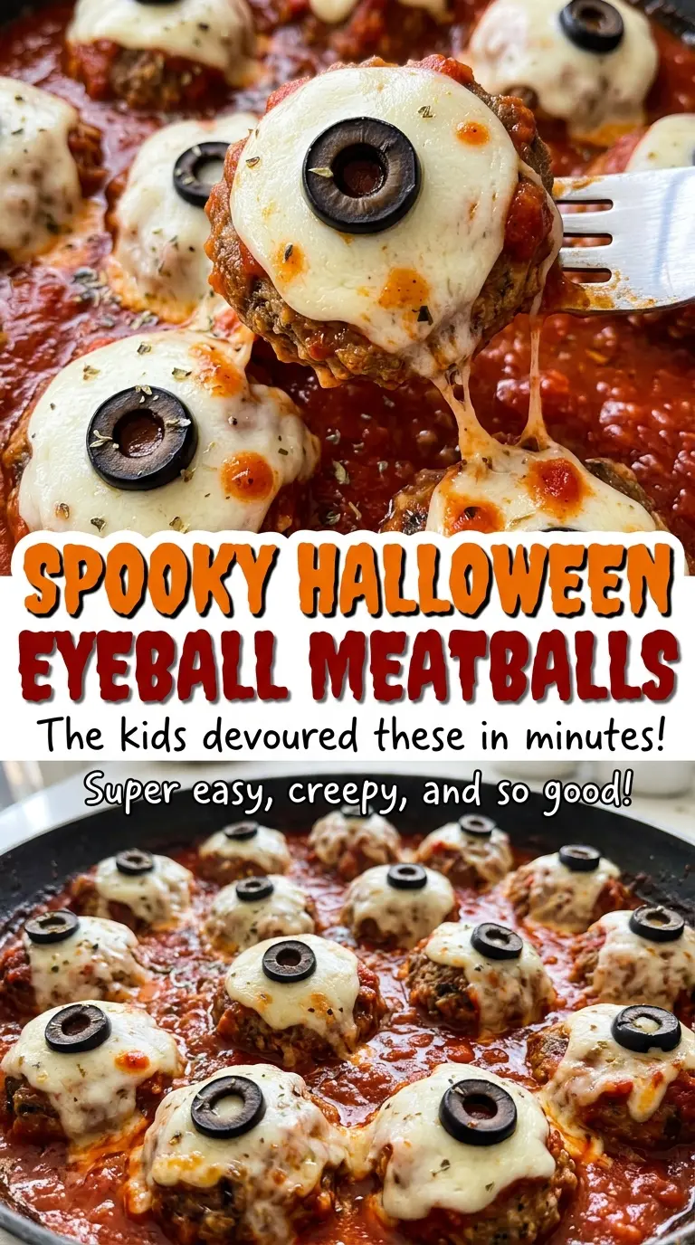 Spooky Halloween Eyeball Meatballs with cheesy olive tops
