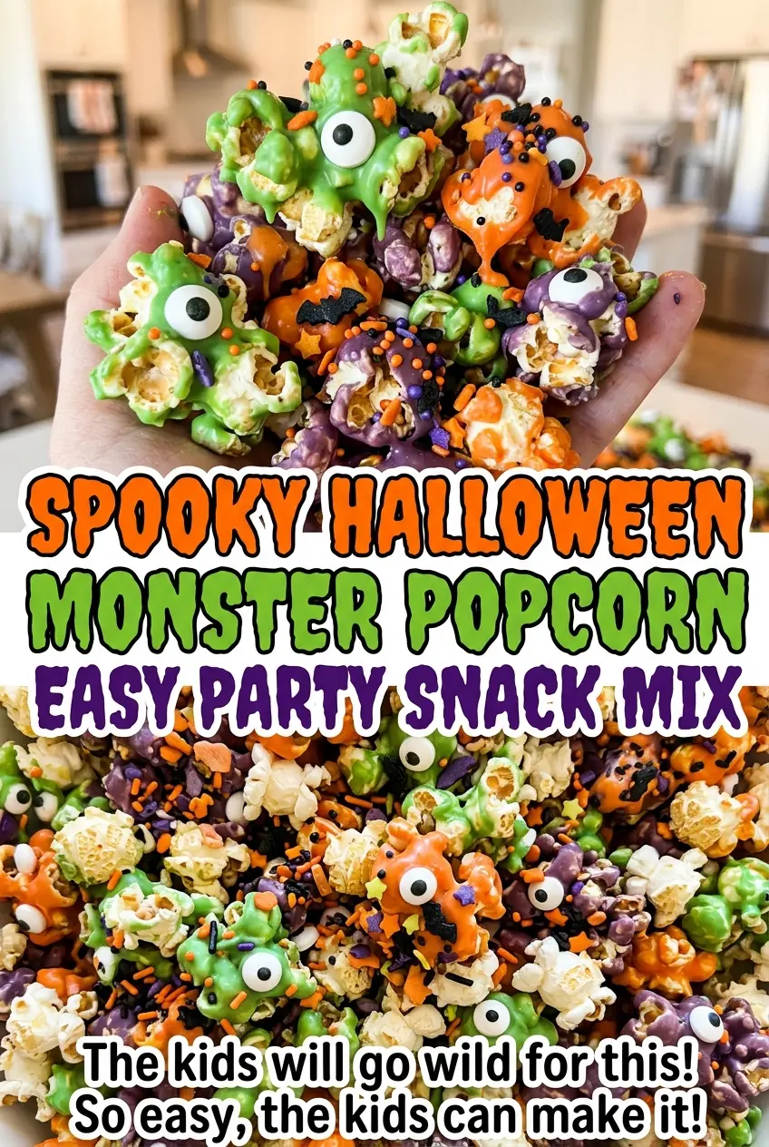 Spooky Halloween Monster Popcorn green candy-coated party mix