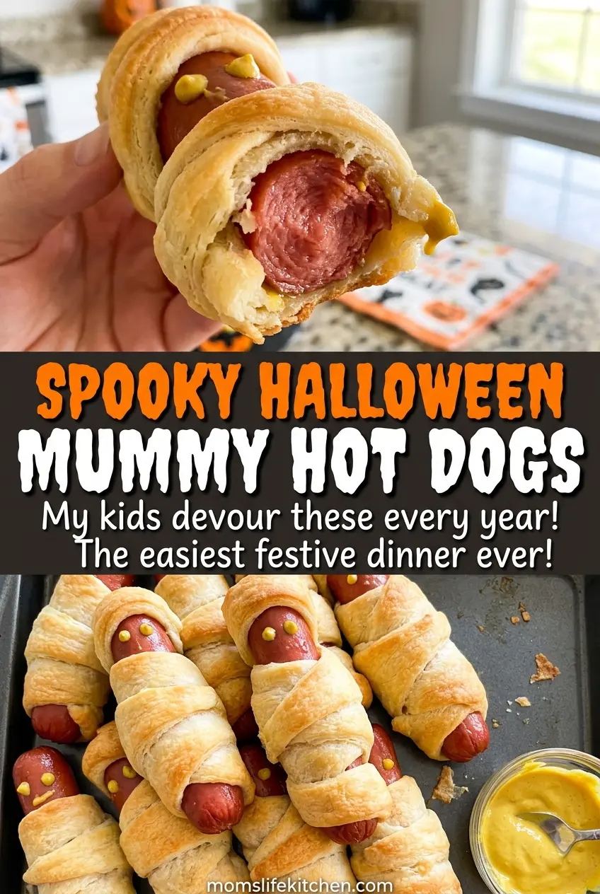 Spooky Halloween Mummy Hot Dogs golden pastry