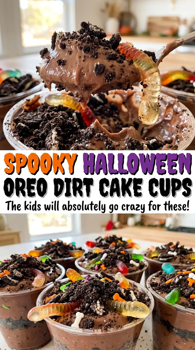 Spooky Halloween Oreo dirt cake cups chocolate pudding layers