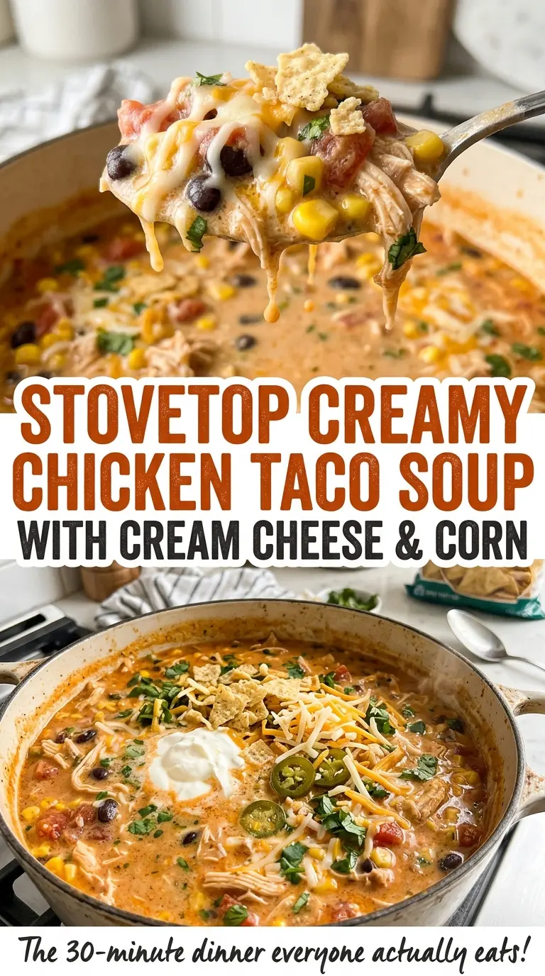 Stovetop creamy chicken taco soup, creamy, hearty, and chunky