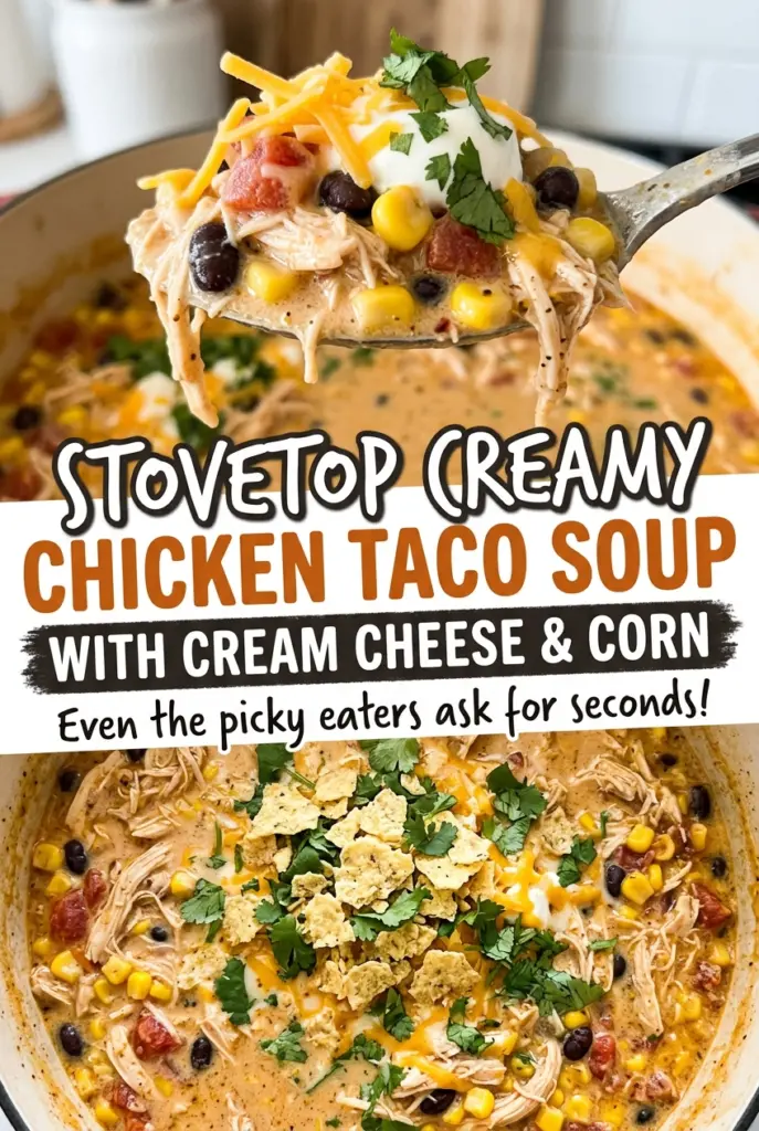Stovetop Creamy Chicken Taco Soup with Cream Cheese and Corn