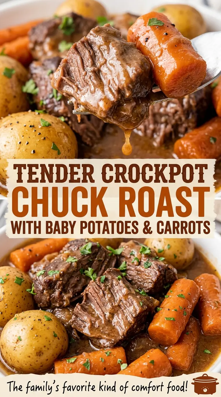 Tender Crockpot Chuck Roast with Baby Potatoes and Carrots, hearty slow-cooked supper