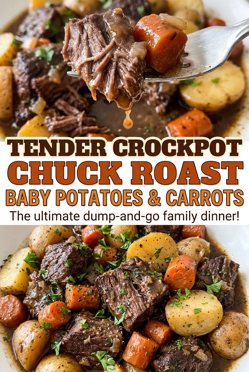 Tender Crockpot Chuck Roast with Baby Potatoes and Carrots, fork-tender beef