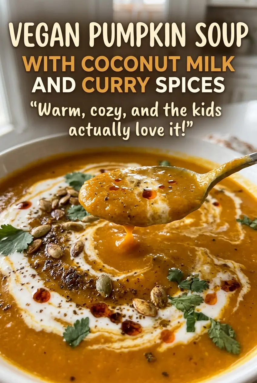 Vegan pumpkin soup with coconut milk, silky golden