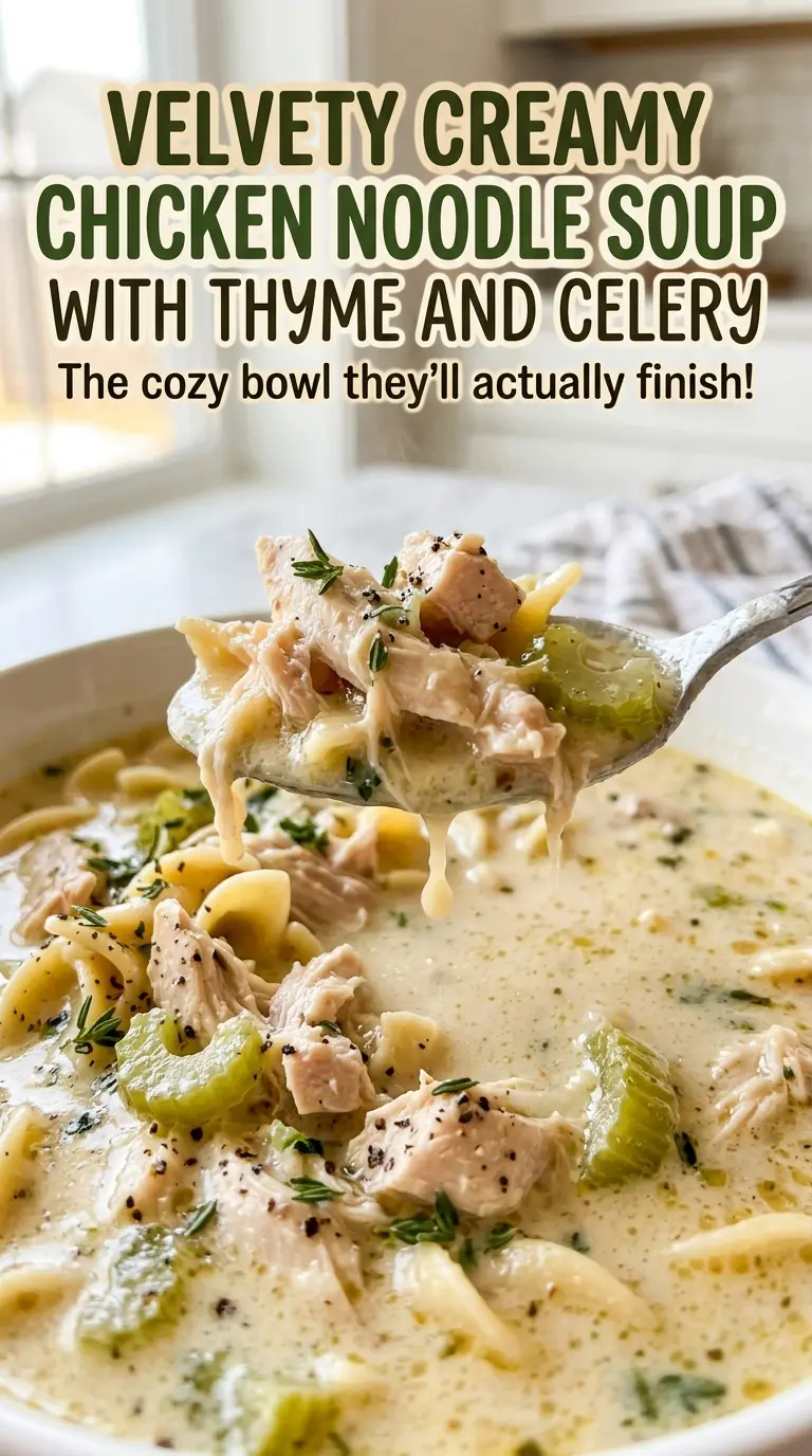Velvety Creamy Chicken Noodle Soup with Thyme and Celery, tender chicken and wide noodles