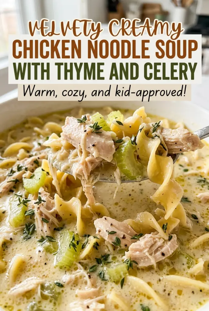 Velvety Creamy Chicken Noodle Soup with Thyme and Celery