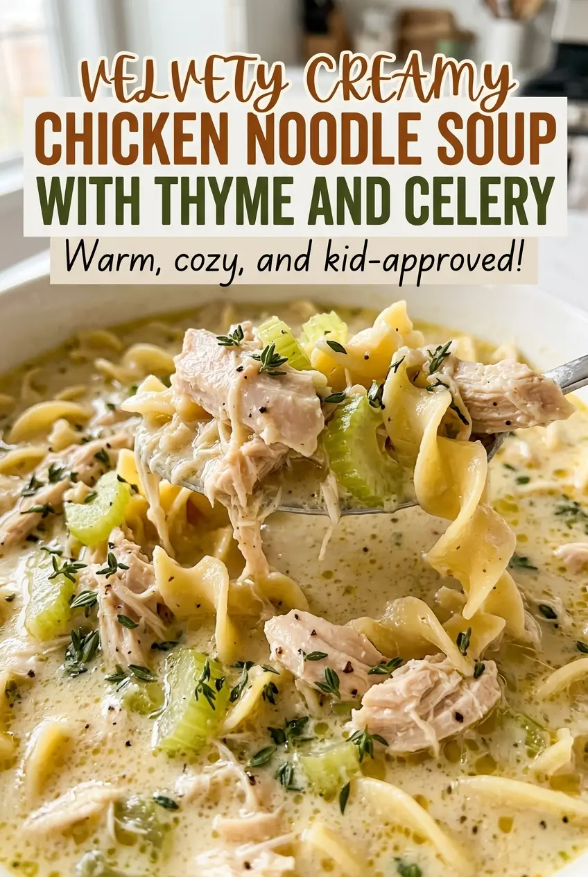 Velvety Creamy Chicken Noodle Soup with Thyme and Celery, creamy herb-flecked bowl