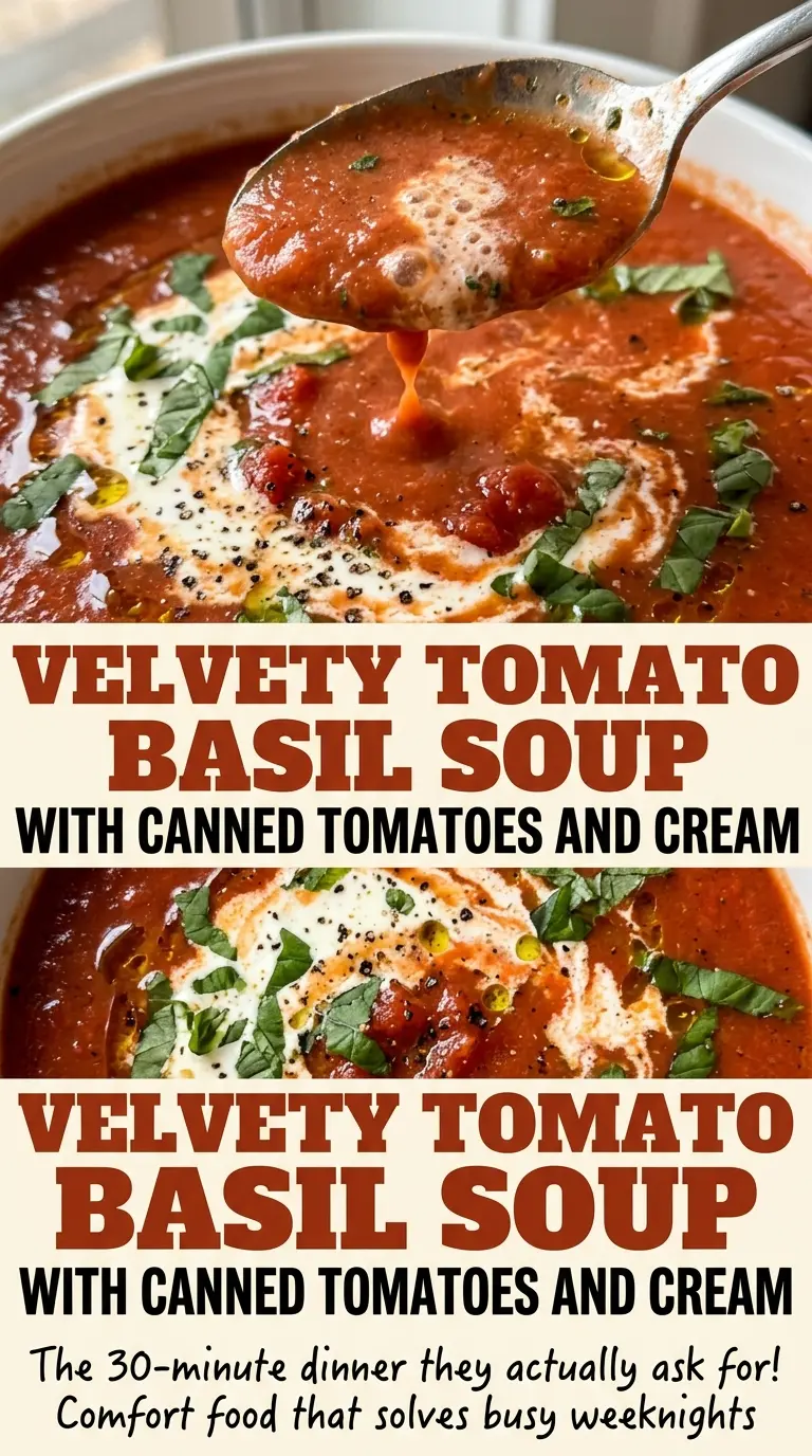Velvety Tomato Basil Soup with Canned Tomatoes and Cream, smooth and creamy